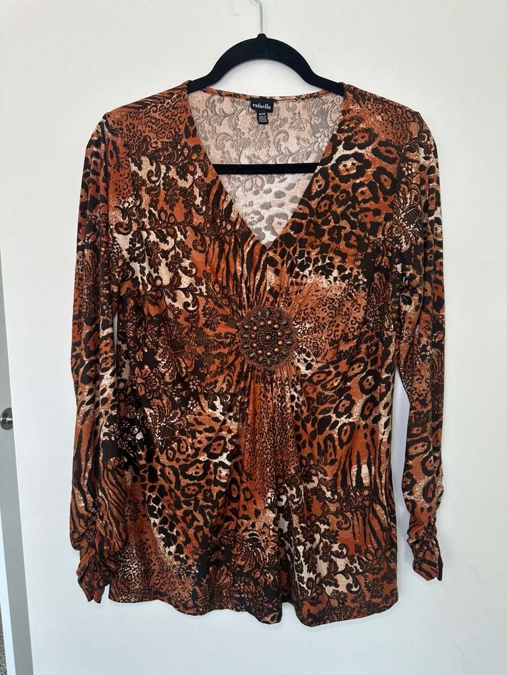 Rafaella V-Neck Blouse Size M Brown Animal Print Beaded Center